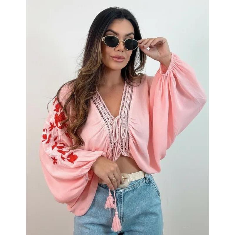 Cropped Boho Chic Blusa Over P ao GG Manga Ampla Bordado Morcego elastico cintura ajuste de cordão