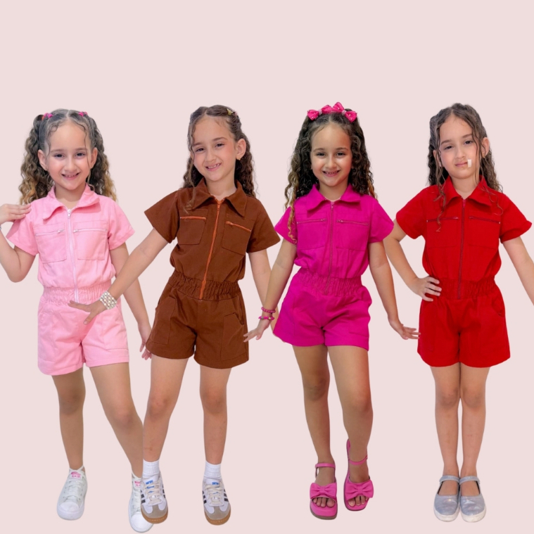 Macaquinho Infantil Feminino com detalhe em ziper infantil menina rosa pink bebe marrom em Oferta na Shopee