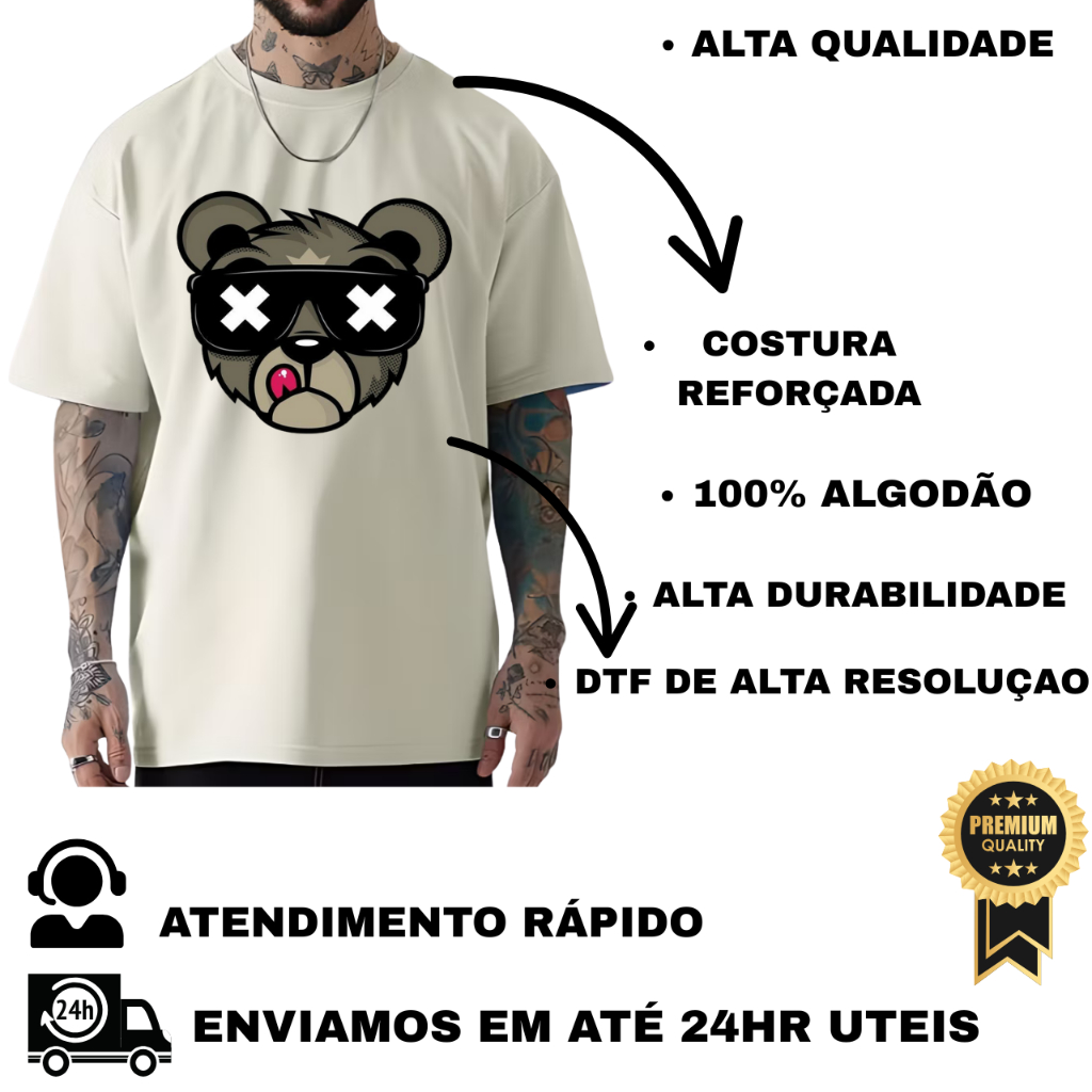 Camiseta Premium Urso Bolado Oversized Streetwear Camisa 100% Algodão Lançamento Alta Qualidade