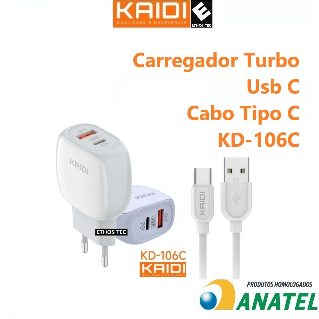 Carregador duplo turbo, original Kaidi para Samsung, Motorola, Xiaomi, Iphone (T
