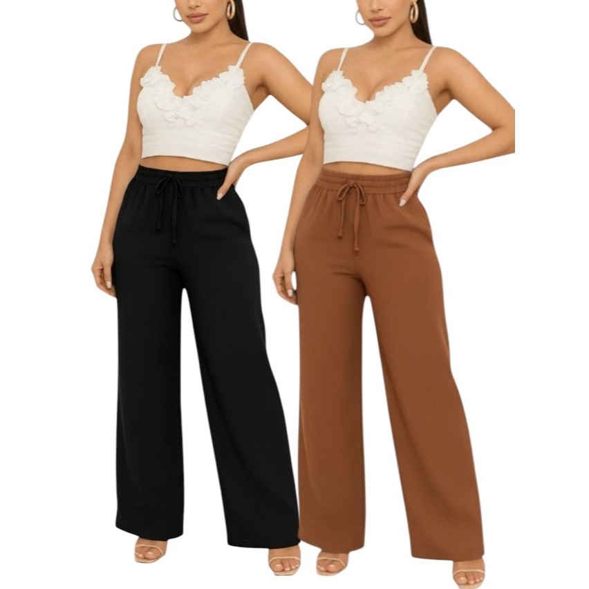 Kit c/02 Calça Pantalona Feminina Cintura Alta em Oferta na Shopee