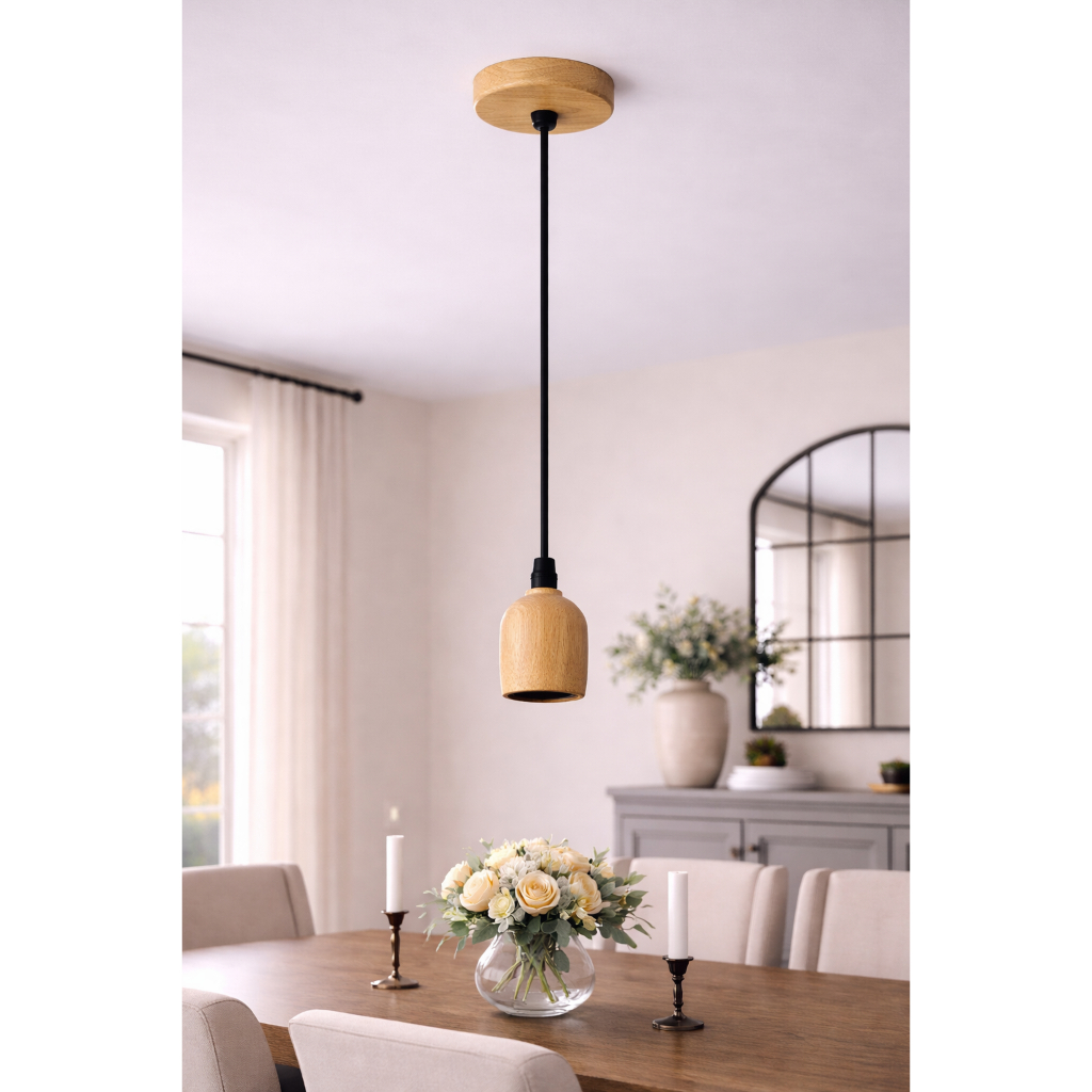 2 Lustres Pendentes Rústicos Redondo Oval Em Madeira Tampa Canopla Regulável 1,20M Para Teto Fio PP Soquete E27 Bivolt