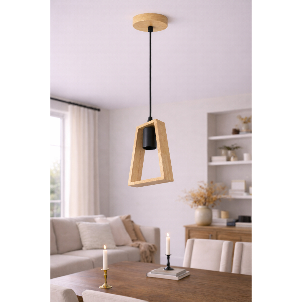 Lustre Pendente Rústico Pirâmide Em Madeira Tampa Canopla Regulável 1,20M Para Teto Com Fio PP Bocal Soquete E27 Bivolt