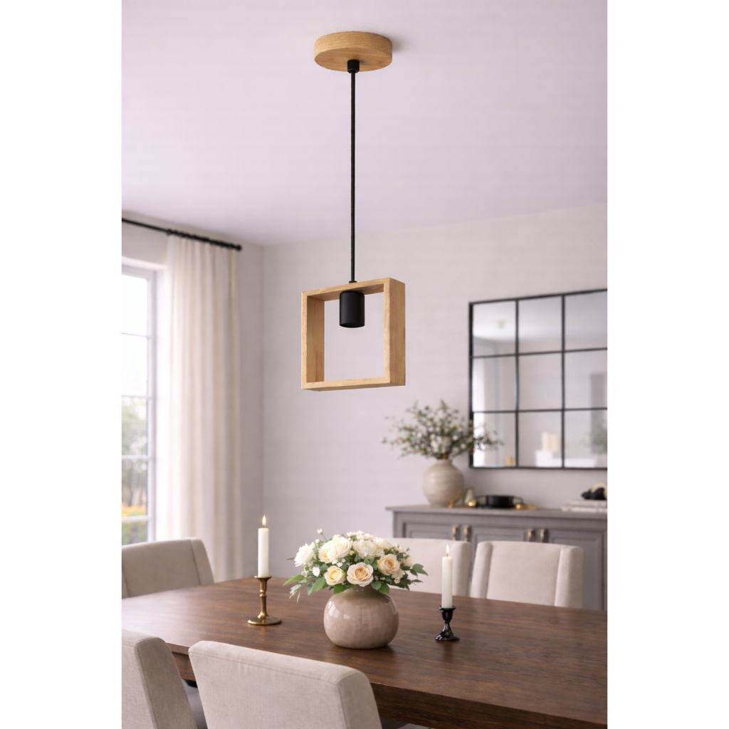 Lustre Pendente Rústico Quadrado Em Madeira Canopla Regulável 1,20M Corda Tecido Bocal E27 Bivolt