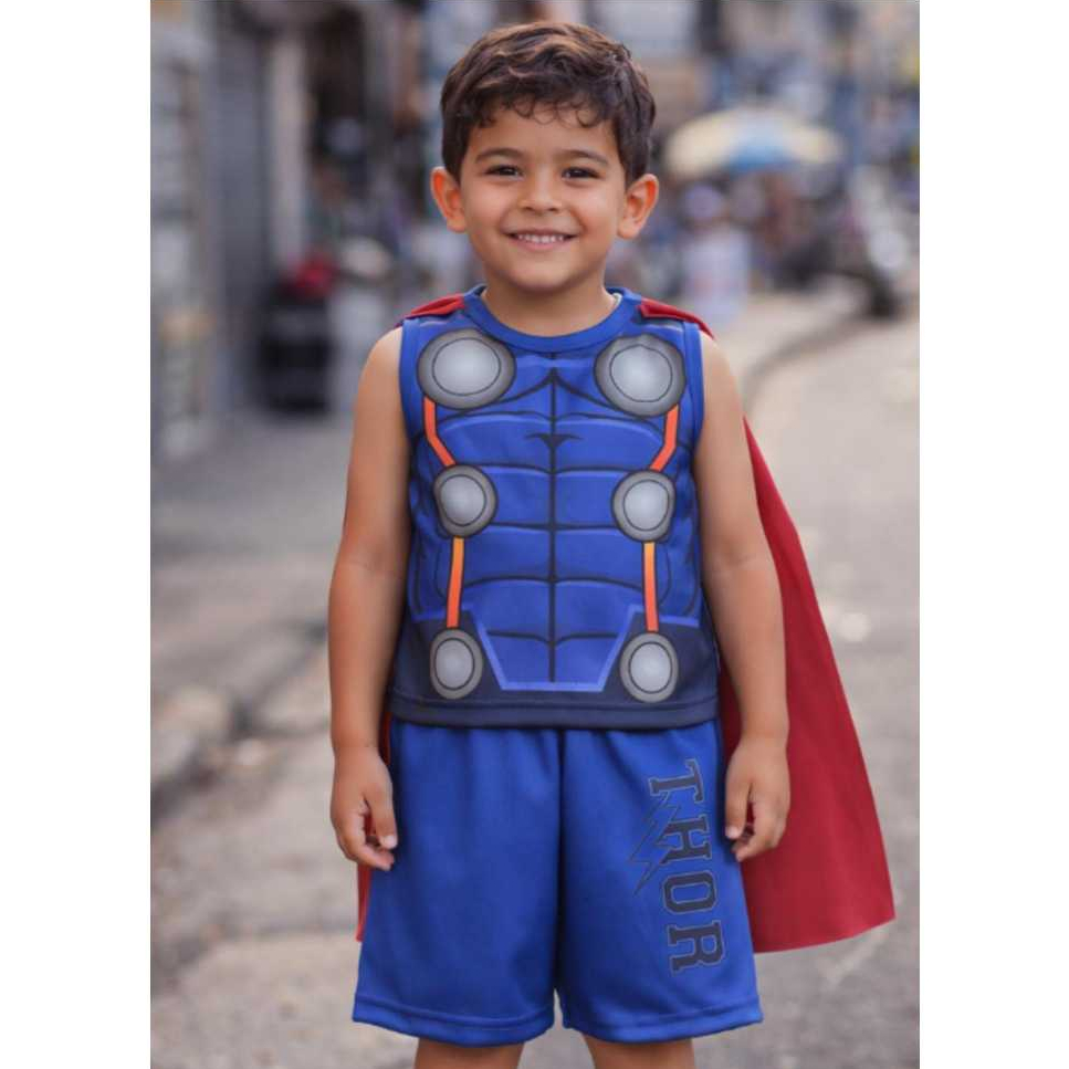 Fantasia Thor Infantil – Super-Herói Cosplay para Festa e Brincar carnaval Camisa + capa + Bermuda
