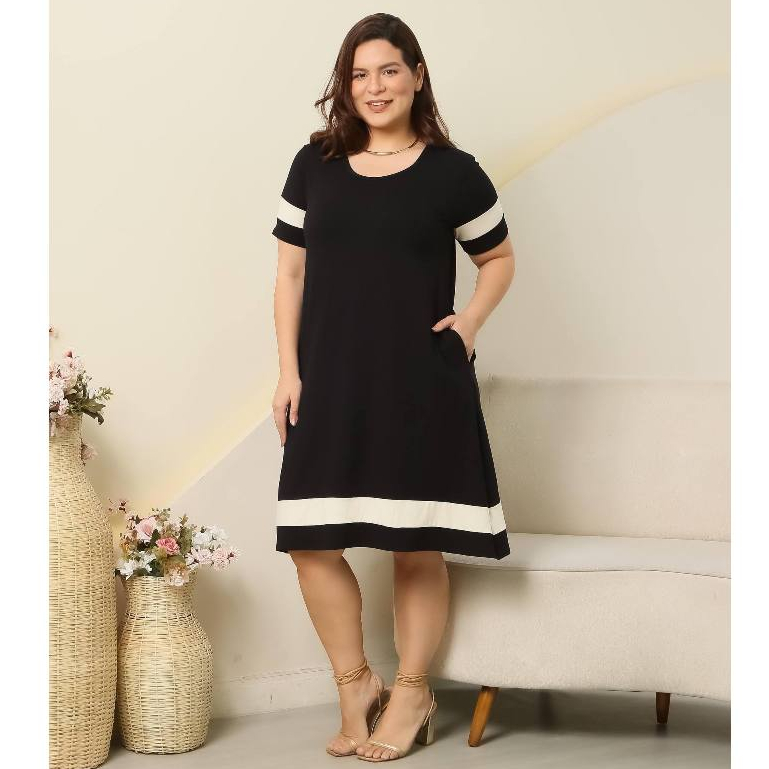 Vestido Premium Bicolor Viscolycra com Bolsos Casual Confortável Veste do 48 ao 52 - Plus Size em Oferta na Shopee