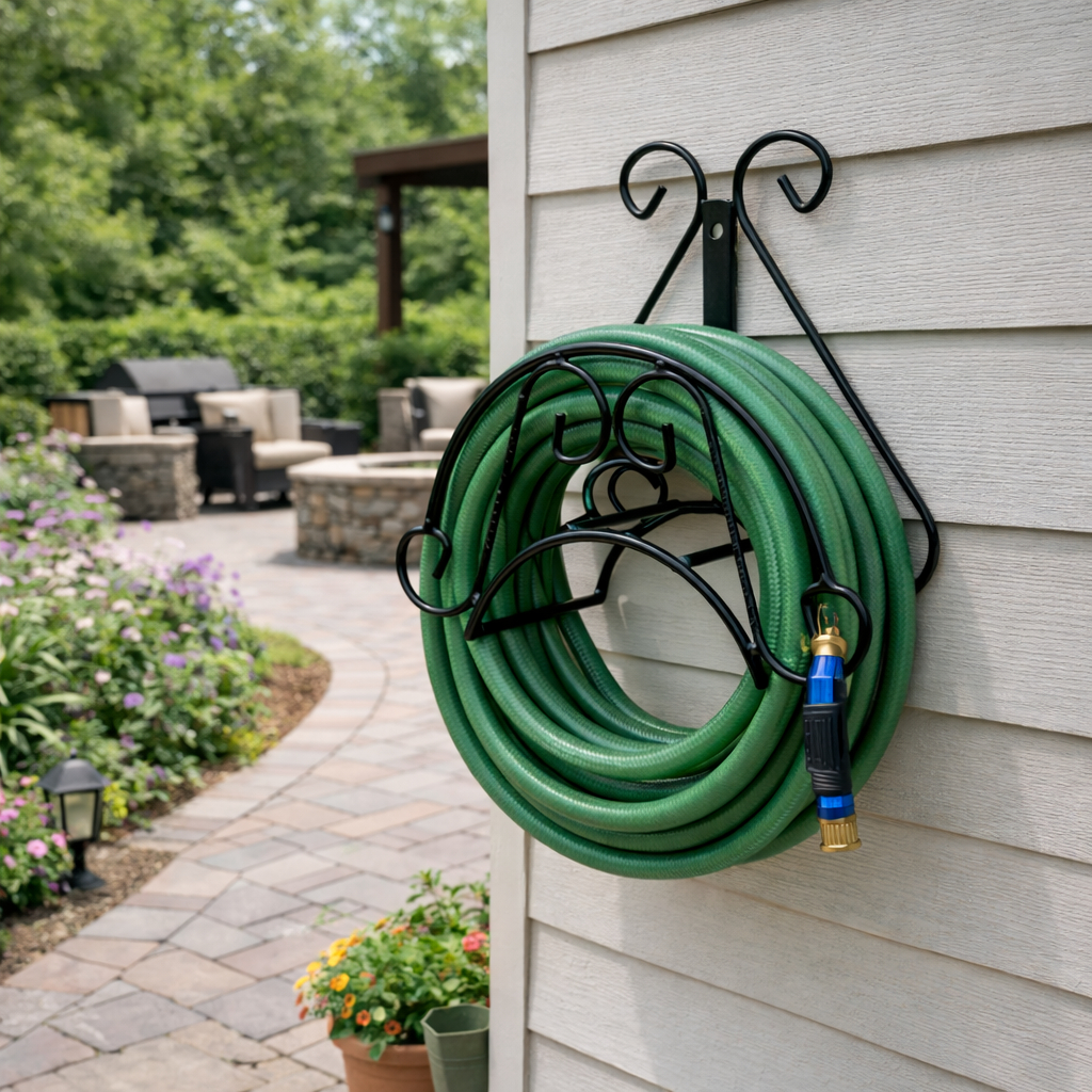Suporte de Mangueira Modelo Enrolador Para Jardim Fixo Parede Ferro Até 50 metros