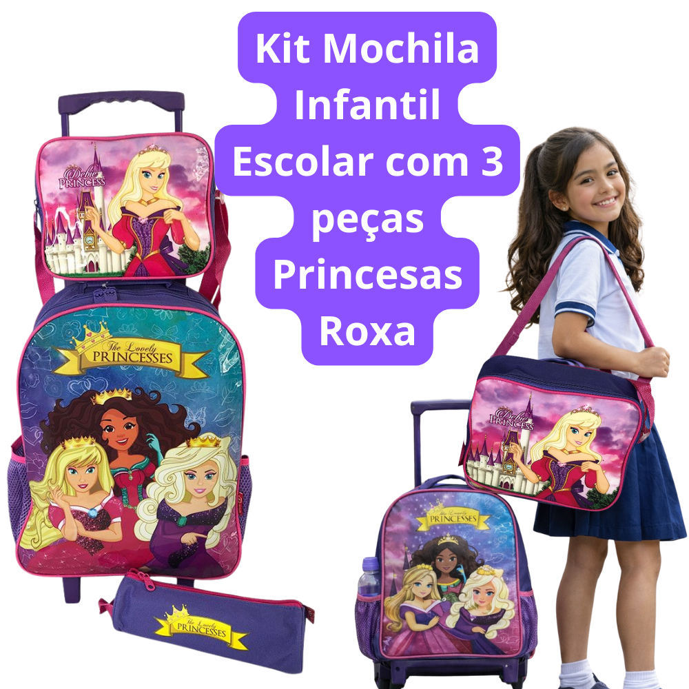 Kit Mochila Infantil Escolar Princesas Roxa com 3 Peças: Mochila de Rodinhas 15,3 L, Lancheira Térmica e Estojo