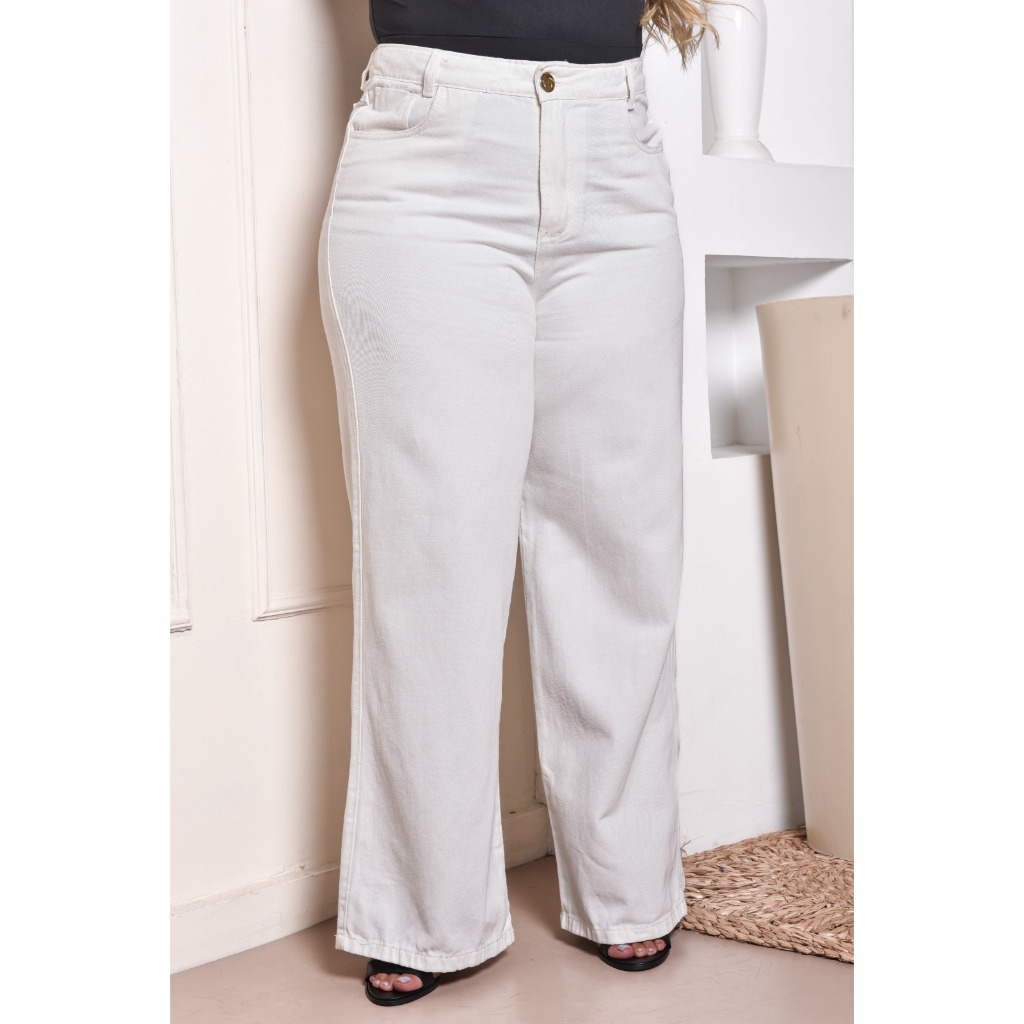 Calça Jeans Plus Size Cintura Alta Wide Leg pantalona wid leg branca Off white em Oferta na Shopee