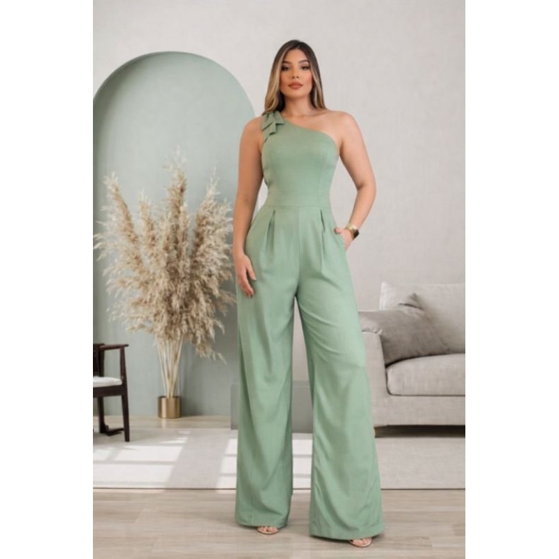 Macacão longo pantalona  femenino acimetrico con laço elastex nas costas bolsos laterales