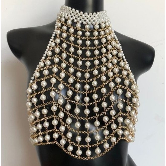 Top cropped blusa de pérolas e corrente frente única - Festival - Carnaval