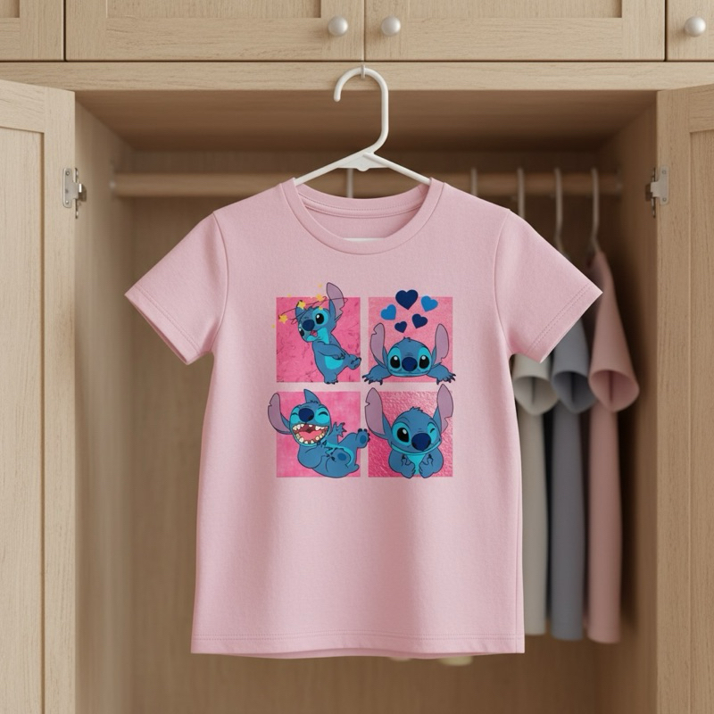 Camiseta infantil Feminina Personagens fofos Stitch poses divertidas algodão premium kids crianças unissex fofo