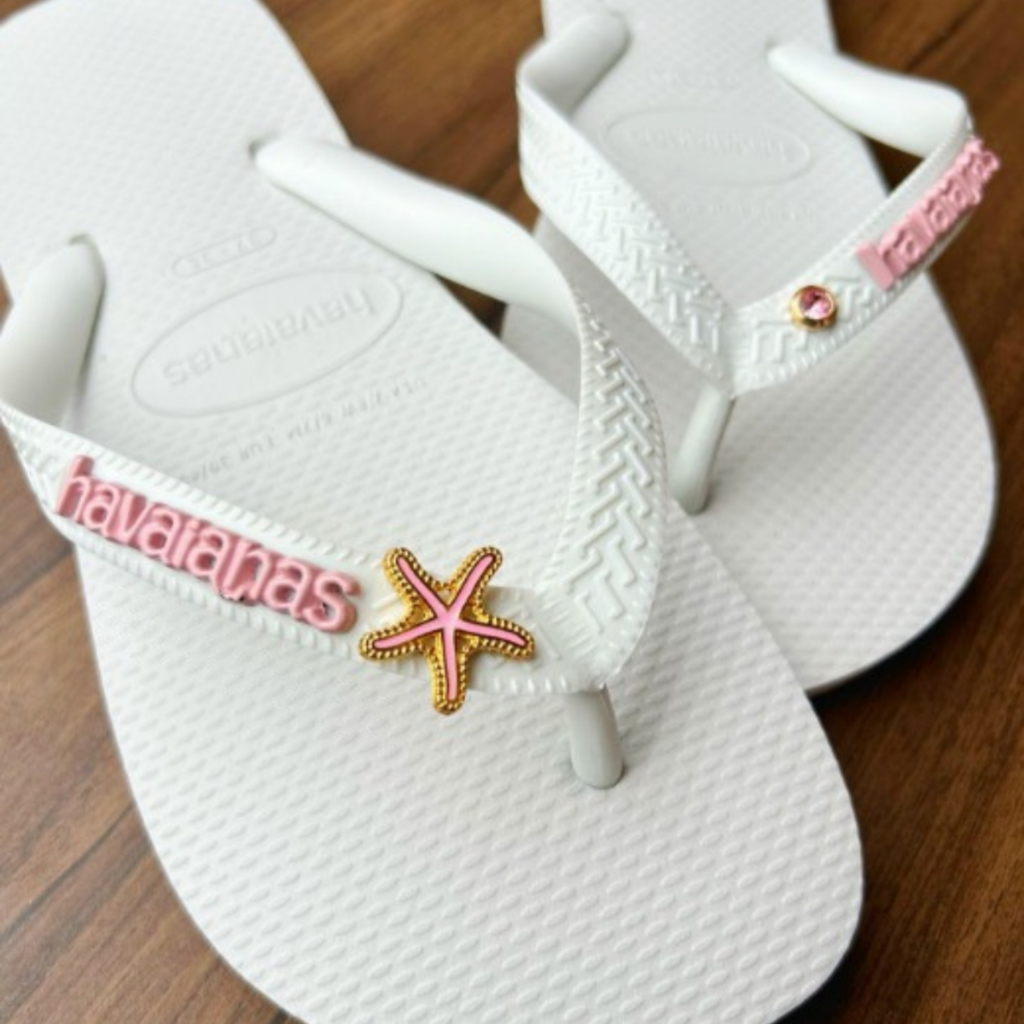 Chinelo Havaianas Top Branco Personalizado com Pin Estrela Rosa Logo e Ponto de Luz 23-46