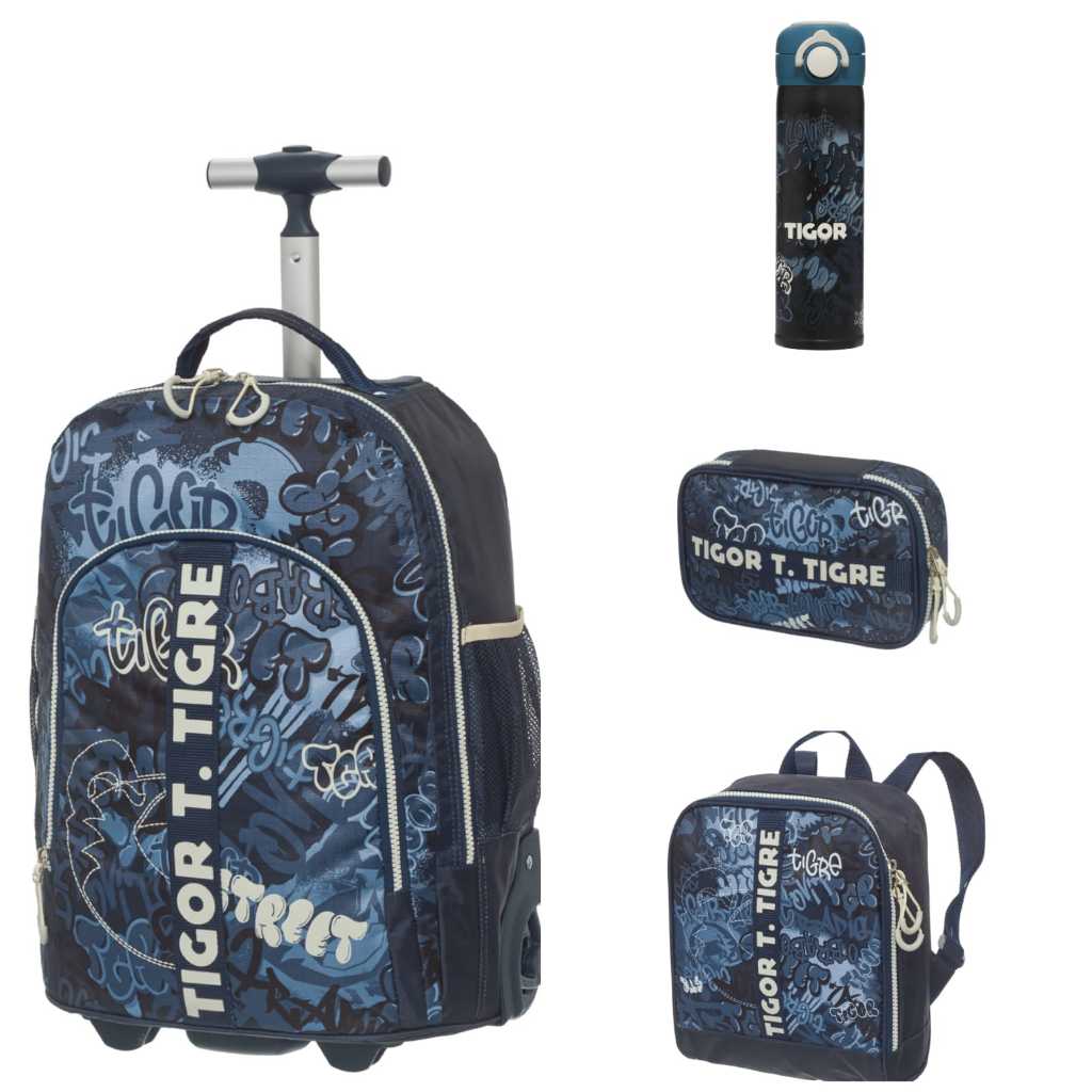 Kit Escolar Infantil Mochila Carrinho Tubo + Lancheira Térmica + Estojo Box + Garrafa Inox Térmica Tigor T. Tigre Street