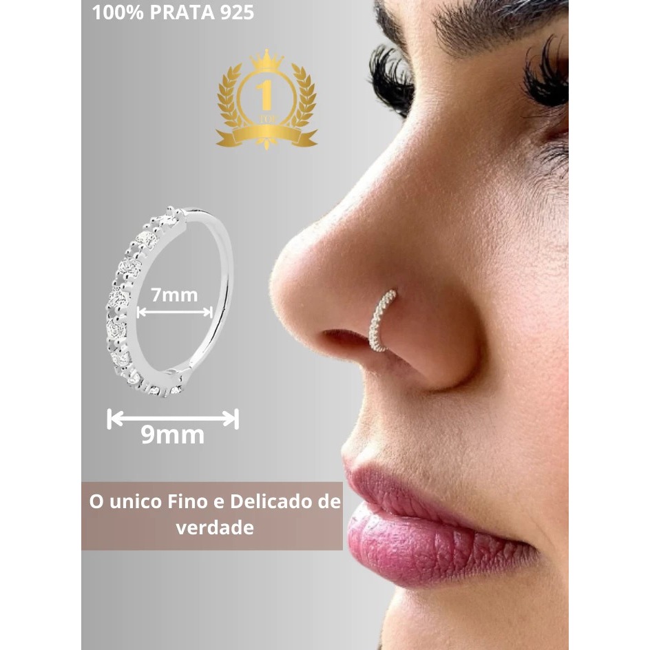 Piercing Nariz Prata 925 Legitima Cravejado Argola 9mm 9 pedras de Zircônia Helix Nostril