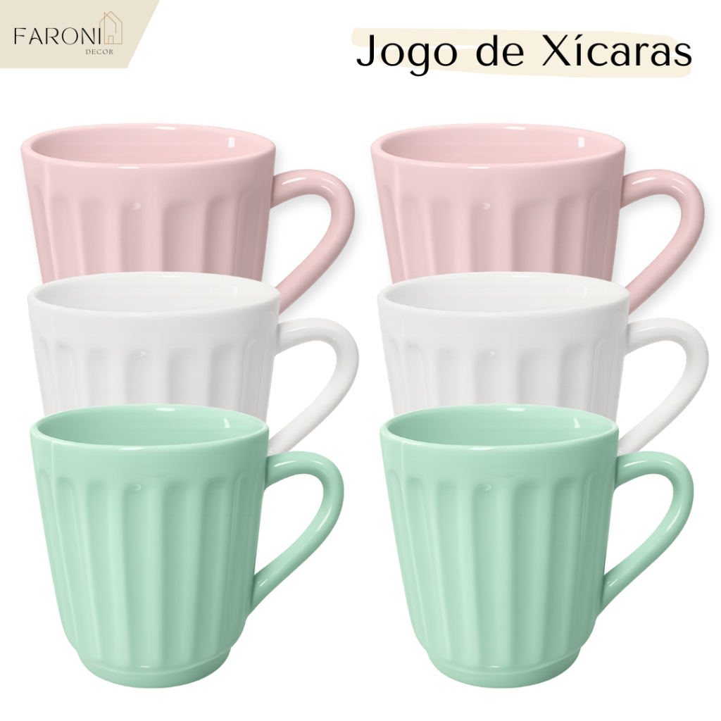Jogo Xicaras Canecas de Café Chá Porcelana Colorida Branca Rosa Verde Canelada 150ml Cor Pastel