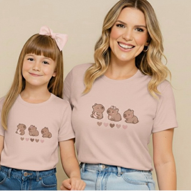 Camiseta Capivara Mãe e Filha Rosa | Kit Tal Mãe Tal Filha Kawaii | Infantil e Adulto