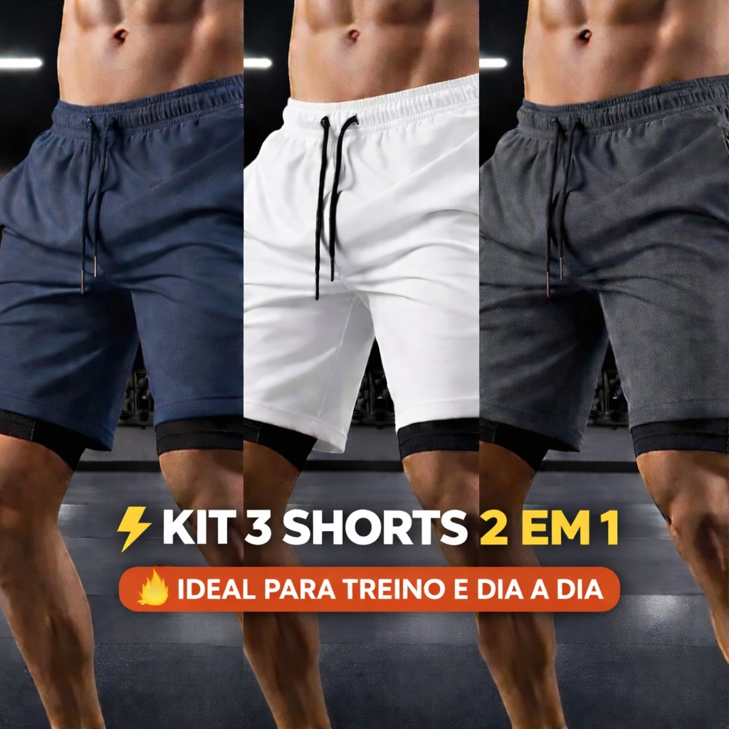 Kit 3 Shorts Masculinos 2 em 1 Academia Fitness | Secagem Rápida + Elastano