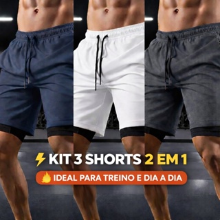 Kit 3 Shorts Masculinos 2 em 1 Academia Fitness | Secagem Rápida + Elastano em Oferta na Shopee