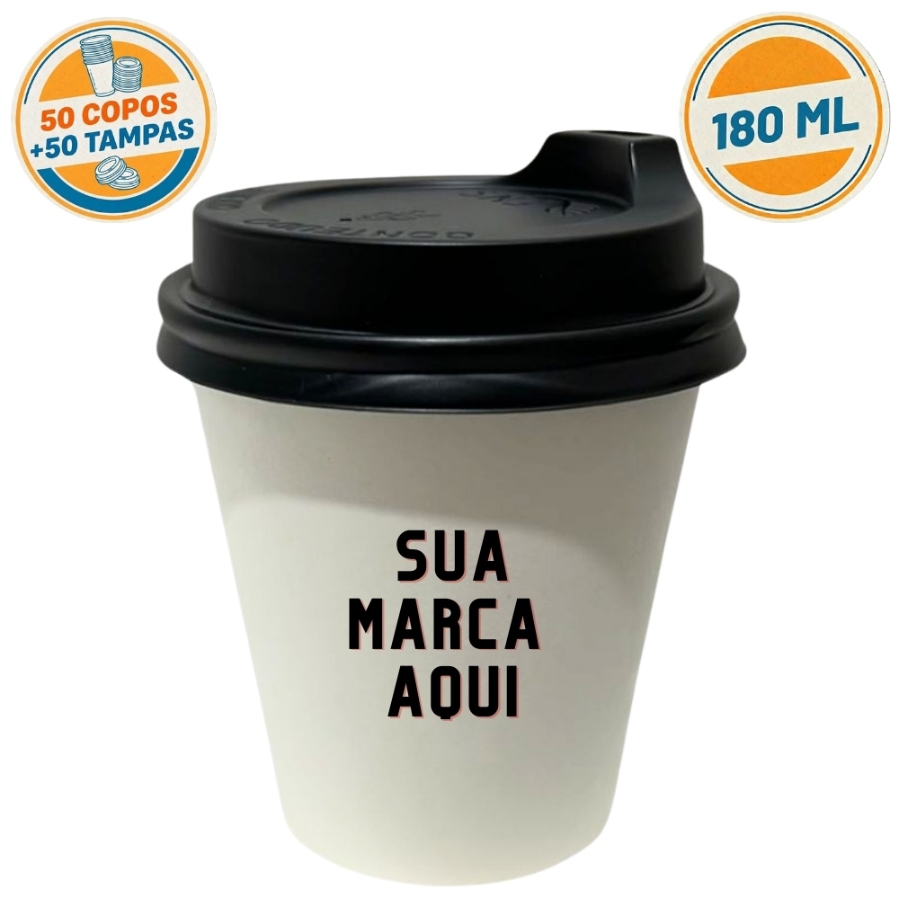 Copo 180ml Personalizado com Tampa Preta 50un – Sua Marca (Logo)
