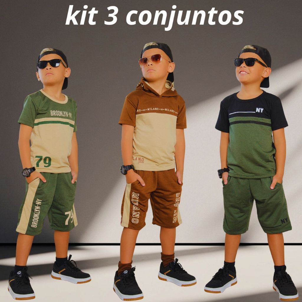 Kit com 3 Conjuntos Infantil Masculino Blusa 100% Algodão Bermuda de Moletinho em Oferta na Shopee