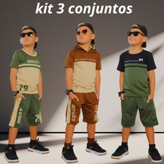 Kit com 3 Conjuntos Infantil Masculino Blusa 100% Algodão Bermuda de Moletinho em Oferta na Shopee