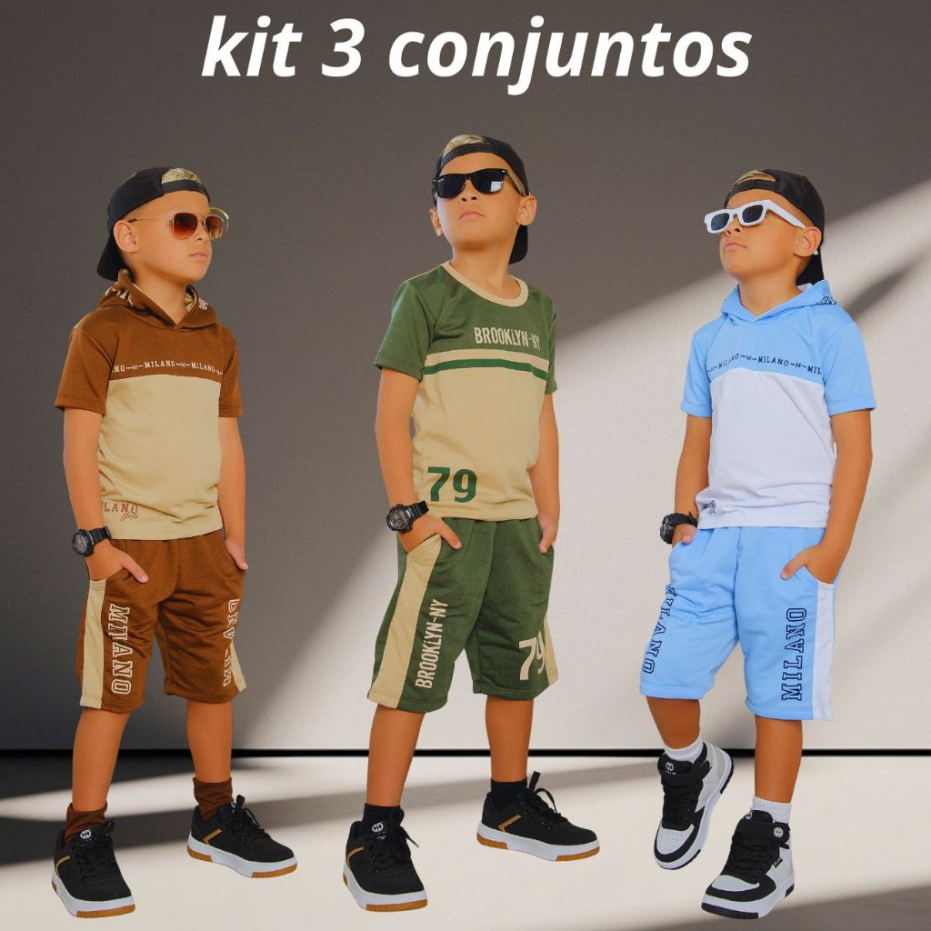 Kit Com 3 Conjuntos infantil Juvenil  Lançamento Verão Roupa de menino Camisa e Bermuda 2 ao 14 Anos em Oferta na Shopee