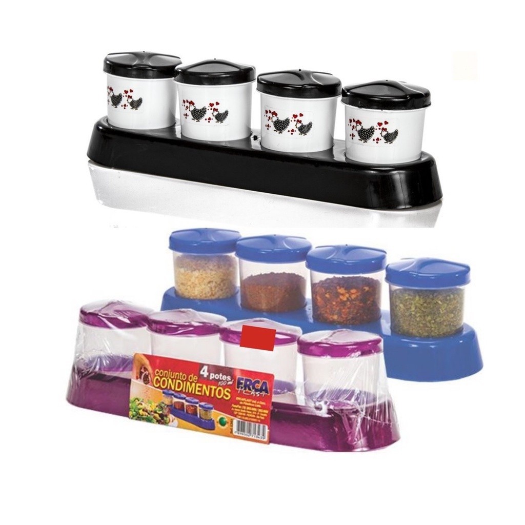 Porta Condimentos Temperos Plástico 4 Peças Com Suporte Escolha a Cor: Vermelho, Verde, Estampado, Cinza - EScolha em Oferta na Shopee