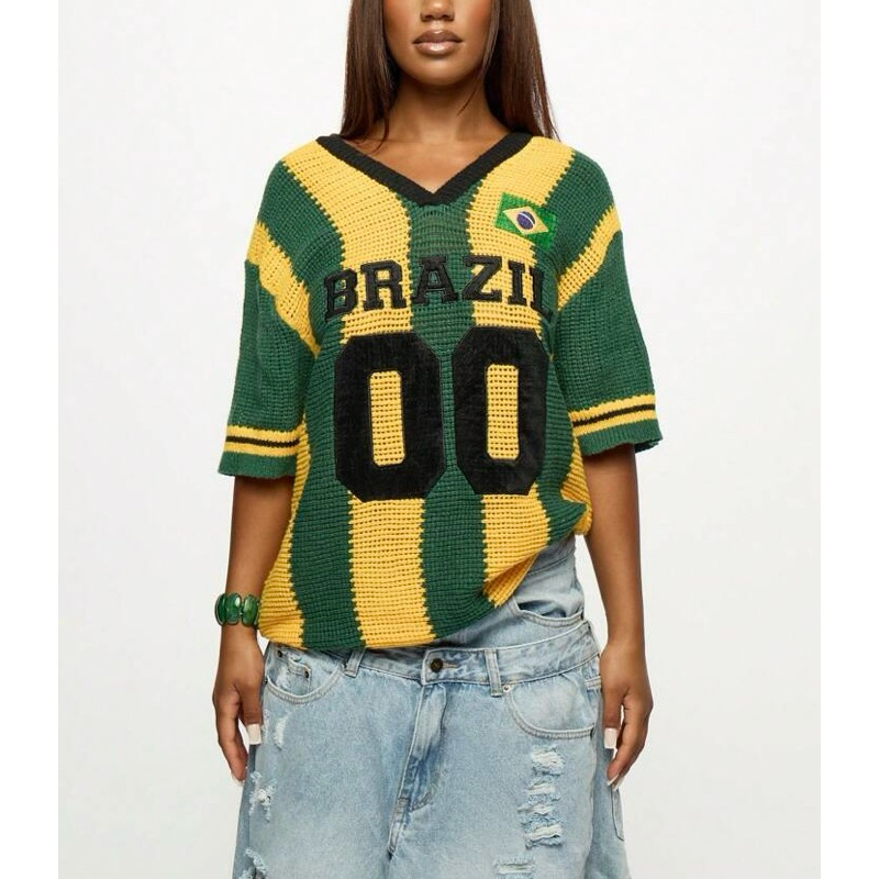 Blusa do Brasil Crochê Camisa Copa do Mundo Seleção Brasileira Bordada Oversized PP ao Plus Size Verde Amarelo COP03