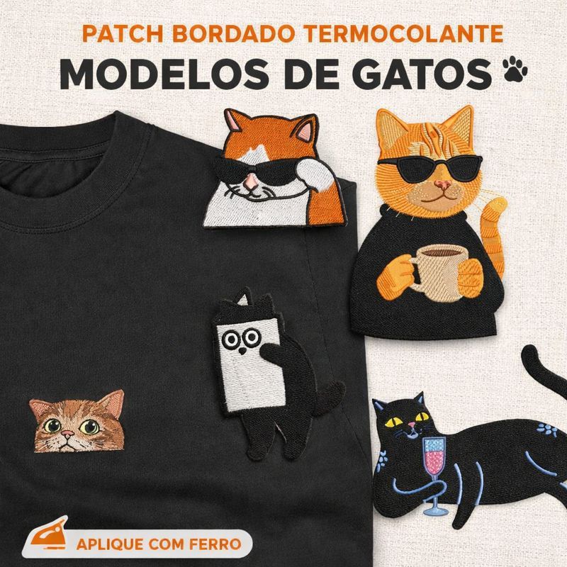 Adesivo bordado de gatos para tecidos | Patch Bordado Termocolante Gatinho | Estilo Adesivo | Aplicação com Ferro |