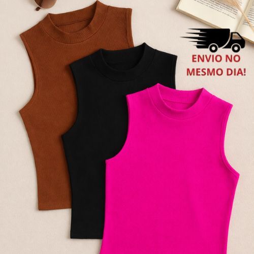 kit 3 Regata Feminina Gola Alta em Ribana Canelada | Justa, Confortável e Estilosa