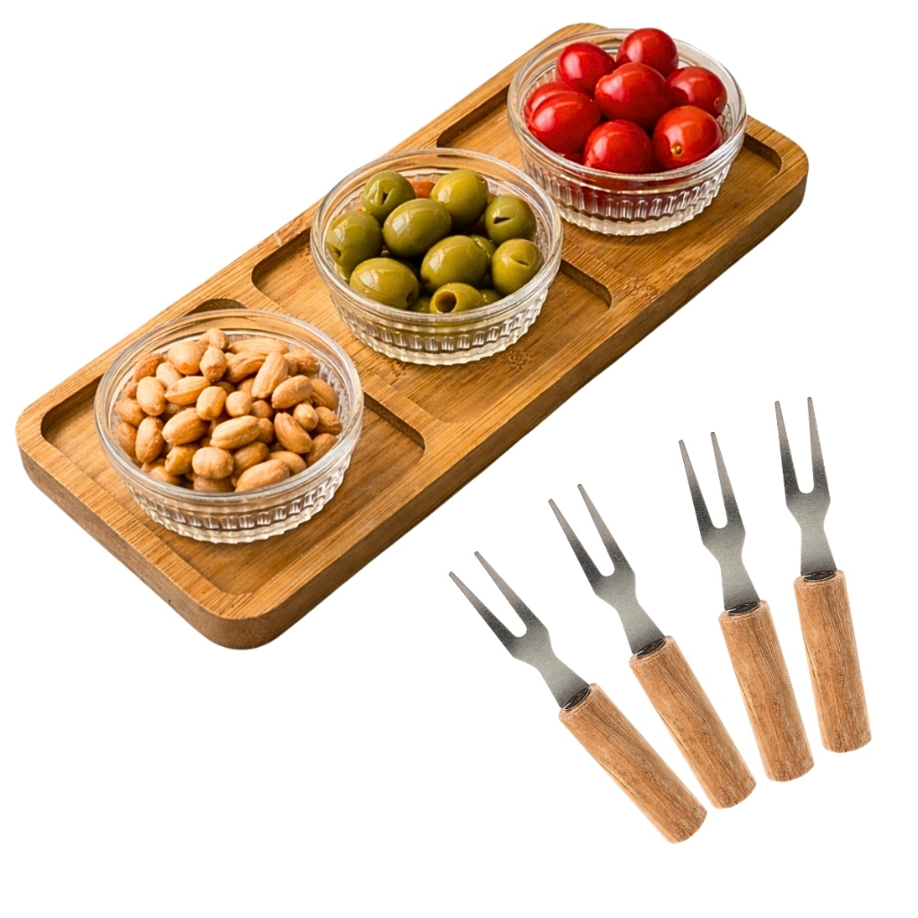 Tábua de Frios Kit Petisqueira de Bambu Mesa Posta Garfo de Petisco Ramekin