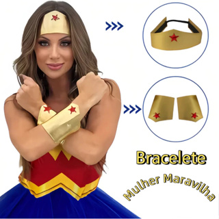 Kit Mulher Maravilha Cosplay Fantasia Heroína com Tiara e 2 Braceletes Dourados em Oferta na Shopee