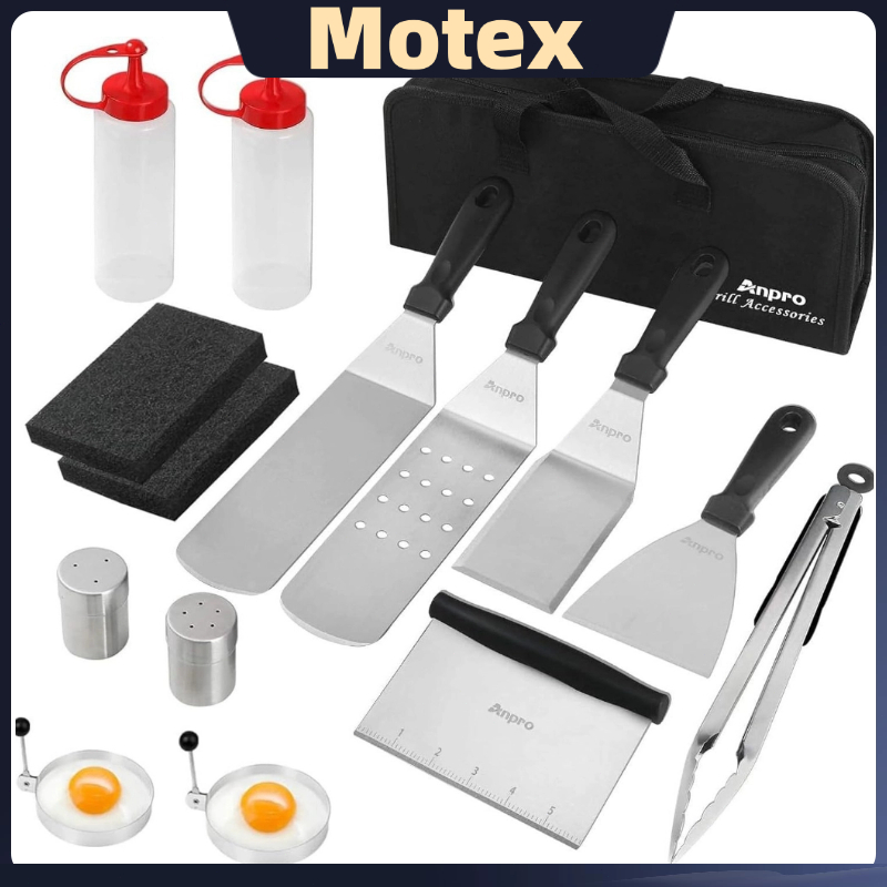 Kit Churrasco Profissional 15 Peças Inox - com Espátula, Pegador, Omeleteira e Organizad