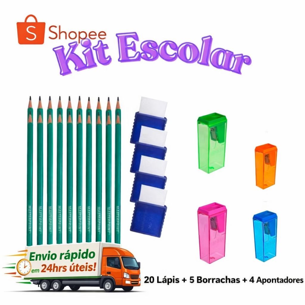 Kit Escolar 20 Lápis + 5 Borrachas + 4 Apontadores Promoção Papelaria