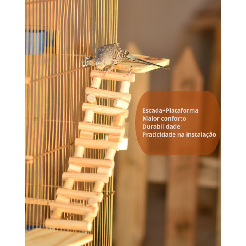 Kit Poleiros Plataforma e Escadinha Para Aves Calopsita, Periquito e Agapornis