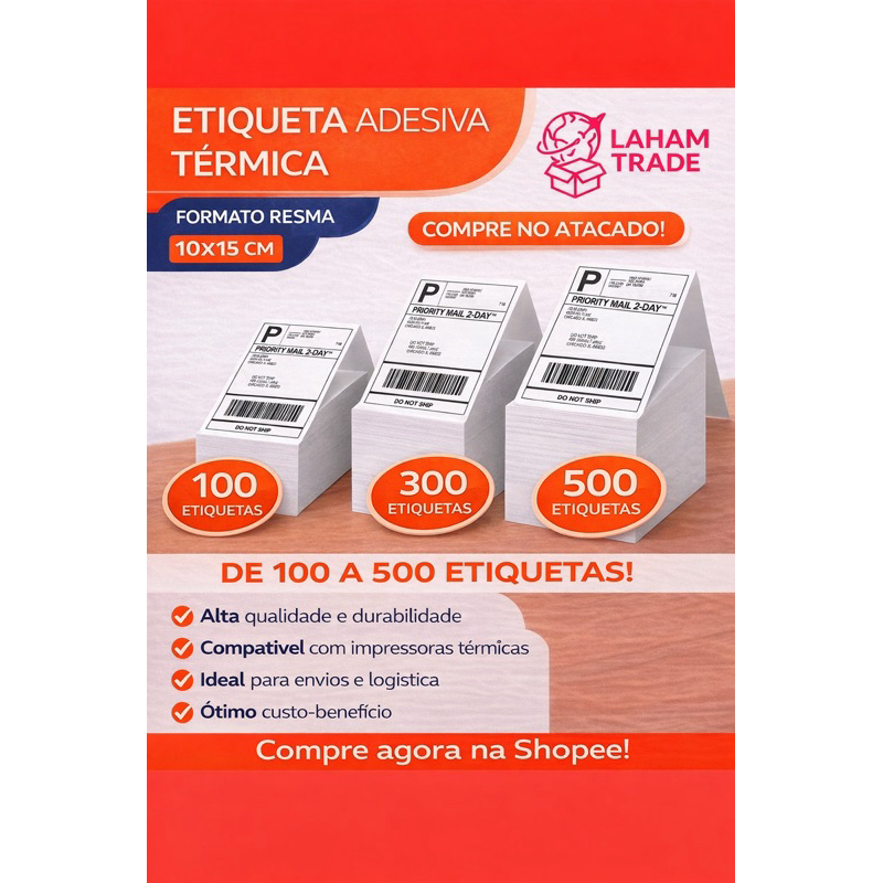 100 a 500 Etiquetas Adesivas Térmicas Formato Resma 10x15cm