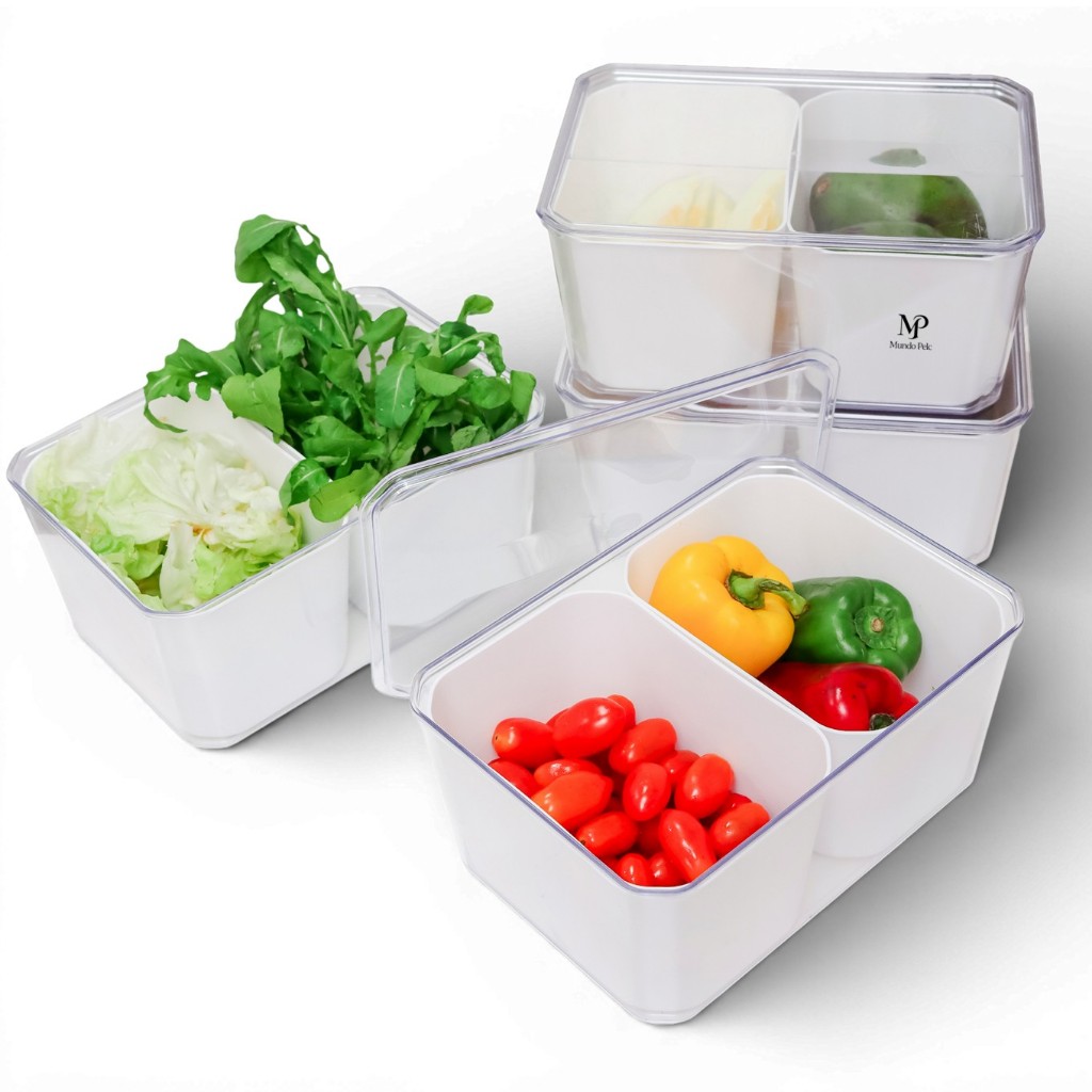 Organizador duplo geladeira guardar verduras legumes pote caixa em PS acrílico 4 litros com drenagem