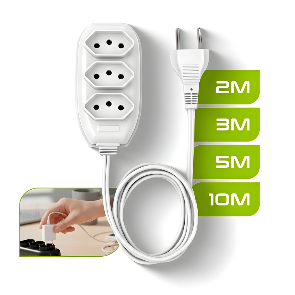 Extensão Elétrica 3 Tomadas Tripolar Bivolt 2 3 5 10 Metros Branco em Oferta na Shopee