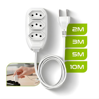Extensão Elétrica 3 Tomadas Tripolar Bivolt 2 3 5 10 Metros Branco