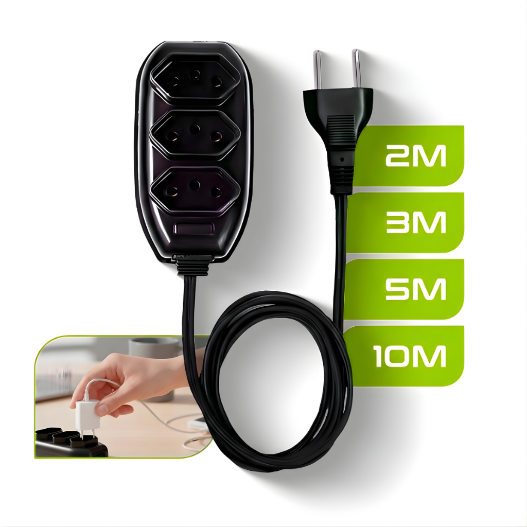 Extensão Elétrica 3 Tomadas Tripolar Bivolt 2 3 5 10 Metros Preto em Oferta na Shopee