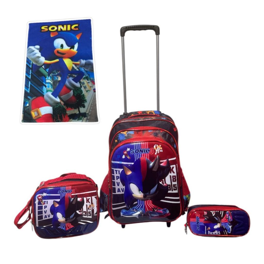 Kit Mochila Sonic 3 com Rodinhas 3D + Lancheira Térmica + Estojo + Toalha de rosto Infantil Escolar