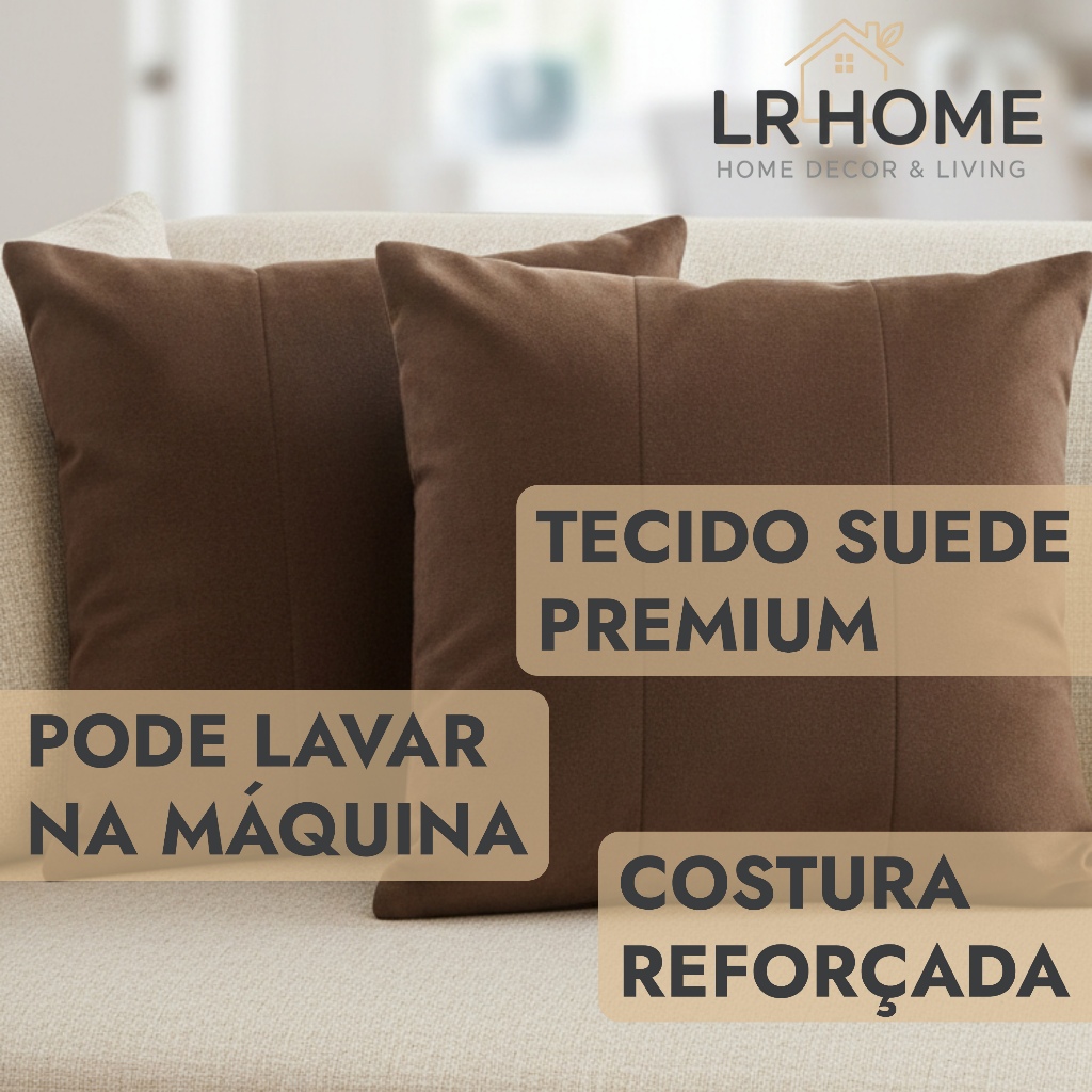 Kit 2 Capas De Almofada Marrom Para Enchimento de 45x45cm Zíper Invisível Suede Aveludado Acabamento