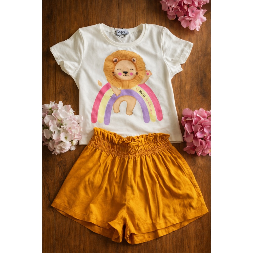 Conjunto Infantil Menina Leão Arco Irís Blusa Boxy e Shorts Kukiê Promoção 86700