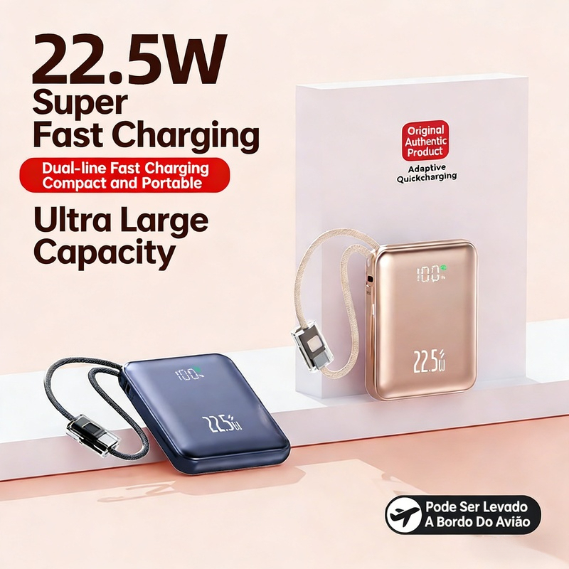 Mini Power Bank para Viagens 10000/20000 mAh - Cabos IOS/Tipo C Carregamento Rápido e LED de Bateria