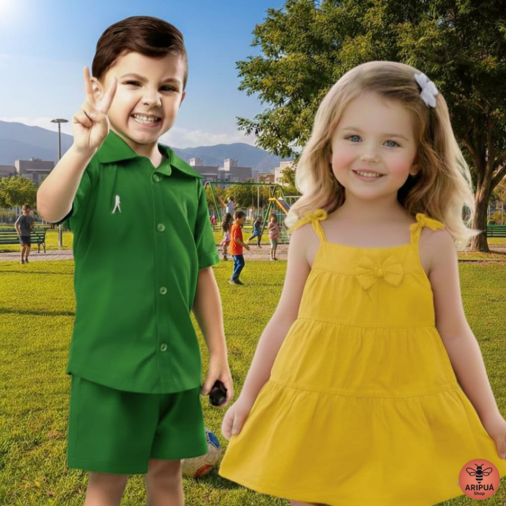 Kit Infantil Menino e Menina Conjunto Masculino + Vestido Feminino Moda Verão Mirim Criança Praia Parque Dia Sol Mar