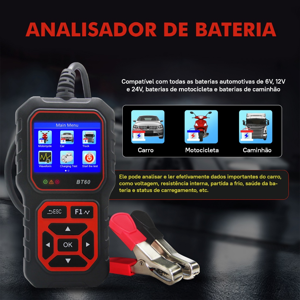 Teste de bateria de automóvel profissional 12V/24V teste de saúde universal de bateria