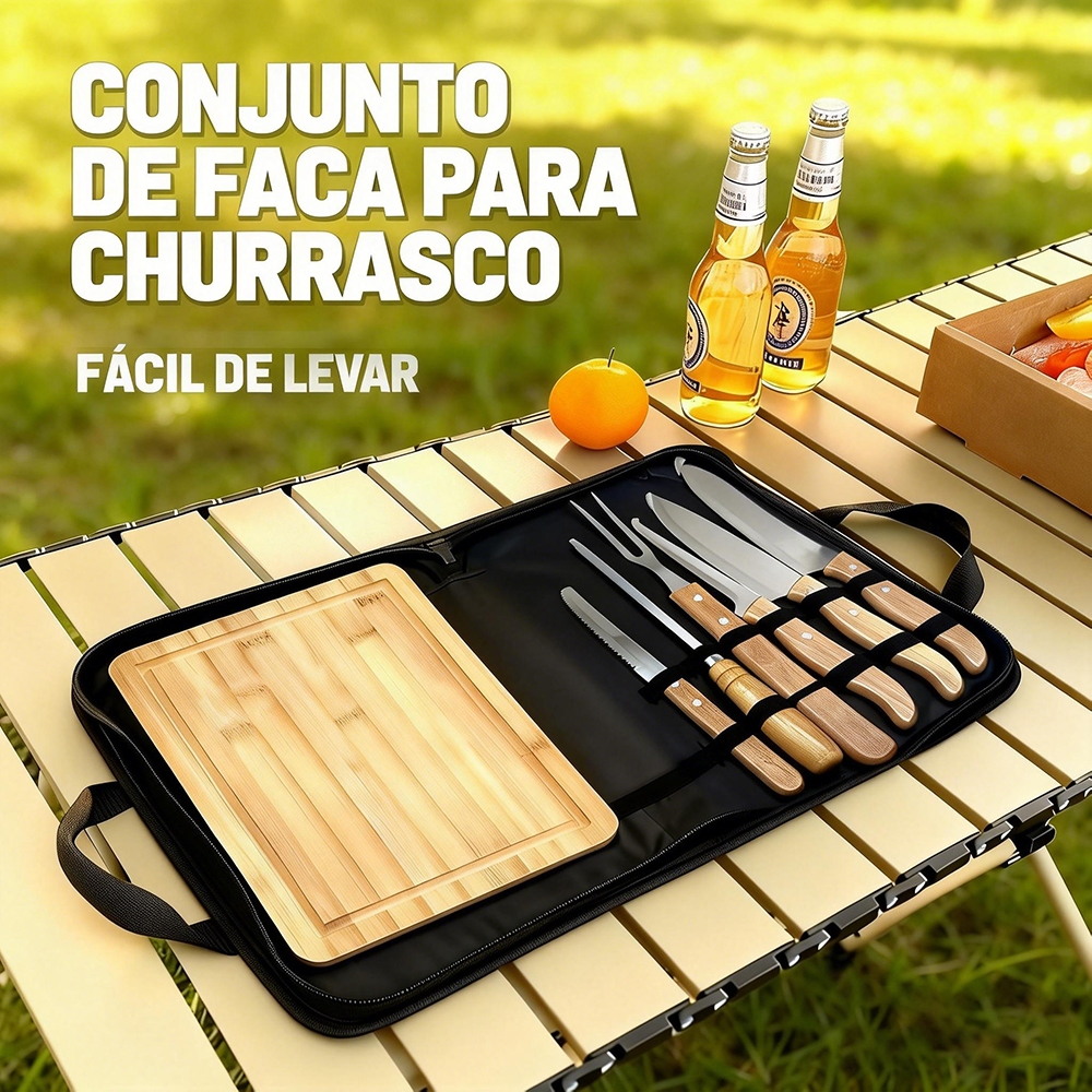 Kit Churrasco 8 Peças | Facas Inox Cabo Bambu | Tábua + Maleta | Presente Especial