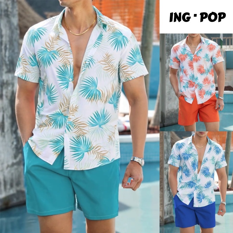 Conjunto Casual Masculino 2 Peças com Camisa de Manga Curta e Shorts Estampados Tropical em Oferta na Shopee