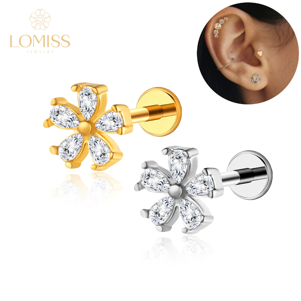 Piercing Helix Tragus Conch Boca-Medusa Labret Aço Cirúrgico Flor Zircônia 1,2x8